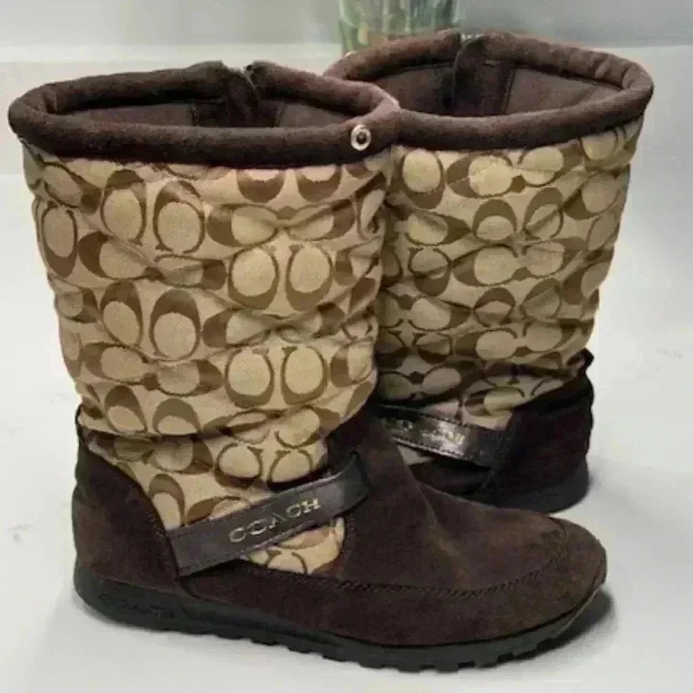 Coach Juniper Brown Suede Signature Jacquard Winter Boots Women's Size 8B